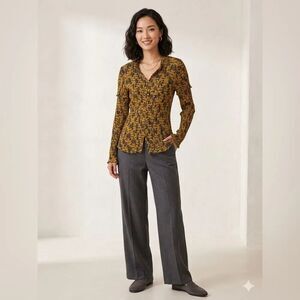 The Fold London Size 10 Textured Button Front Top Mustard Black Stretch Blouse